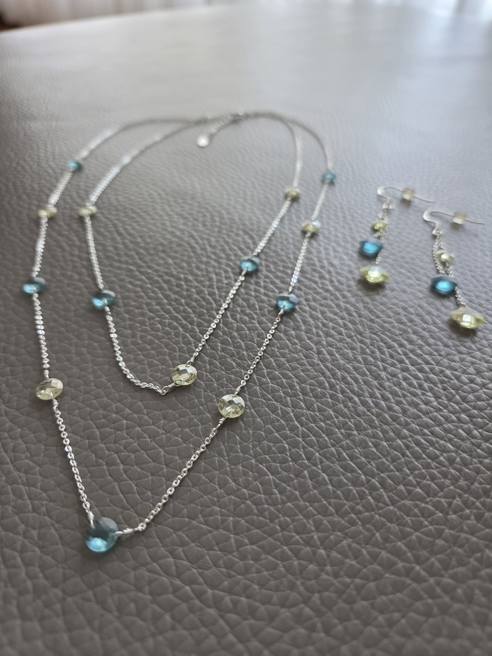 Blue & Pale Yellow Station Necklace with Matching Earrings